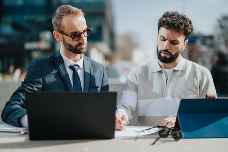 Two coworkers discussing work with laptops outdoors in a business setting