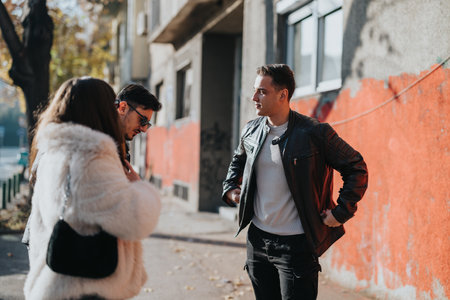 Friends gathering outdoors enjoying a casual day in an urban neighborhoodの写真素材
