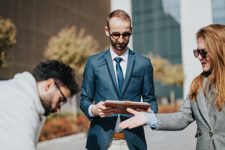 Professionals discussing business plans outdoors during a sunny dayの写真素材