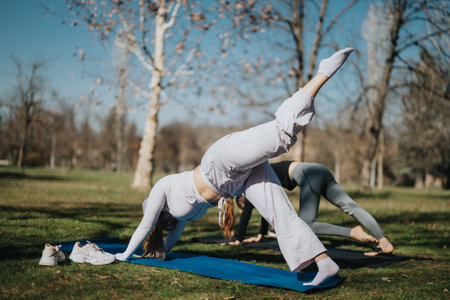 Group outdoor yoga session featuring dynamic poses on a sunny day in a parkの写真素材