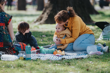 Family enjoying a picnic outdoors, featuring a mother with two children relaxing on a blanket in a...
