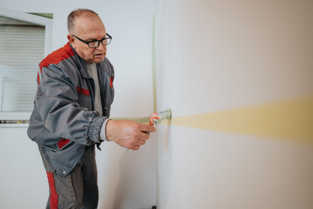Man Skillfully Painting Wall Using Brush Indoors Wearing Work Uniform and Focused on Precisionの写真素材