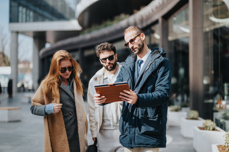 Group of professionals discussing ideas with a tablet in an urban settingの写真素材