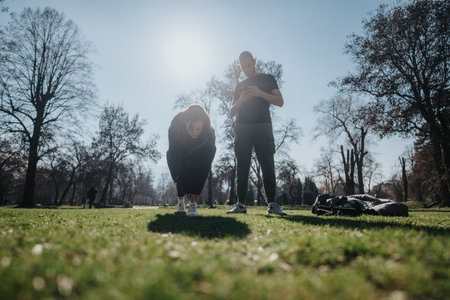 Teenagers enjoying a sunny day outdoors in a park settingの写真素材