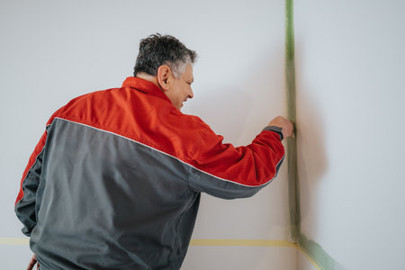 Worker painting a room corner with precision in a construction projectの写真素材
