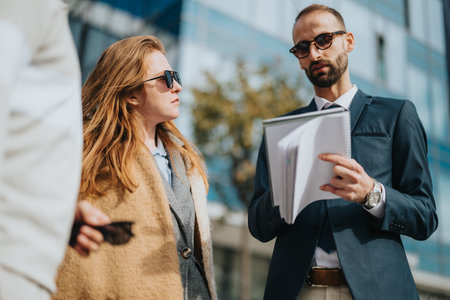 Professional colleagues discussing work outdoors in an urban business setting