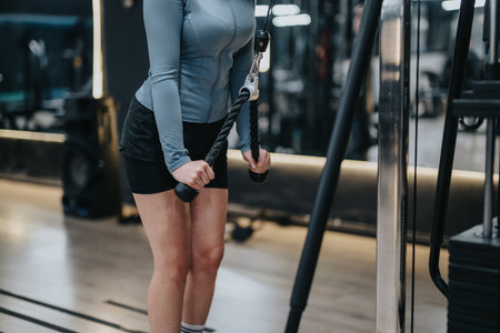 Close-up of a person exercising with a cable machine at the gym