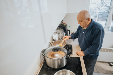 Senior man cooking a meal in a bright kitchen with modern appliancesの写真素材