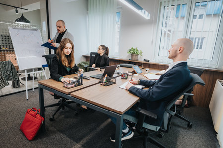 Group of business colleagues collaborating in a modern office environment