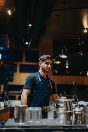 Male Barista Working in a Cozy Coffee Shop Interior Settingの写真素材