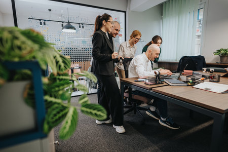 Business associates collaborating and discussing a project in modern officeの写真素材