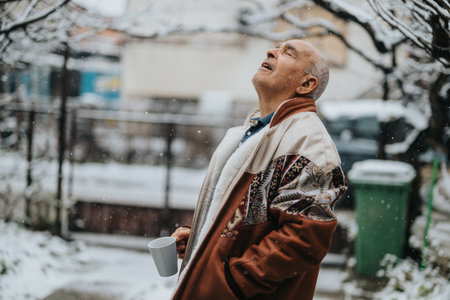 Elderly man with coffee outdoors enjoying snowfall in winterの写真素材
