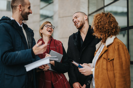 Group of smiling colleagues engaging in a lively discussion outdoors