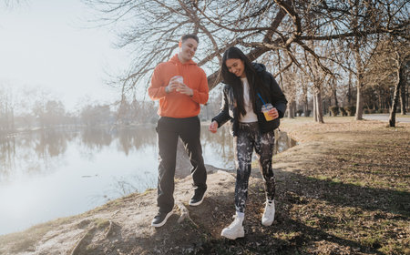Young couple strolling by a peaceful pond during sunset, enjoying each others company in a park.