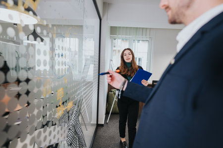 Professional discussion between colleagues in a modern office environmentの写真素材