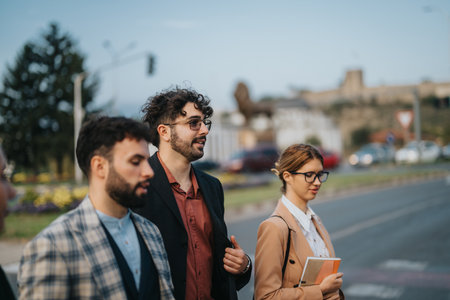 Young business people networking in urban outdoor environment