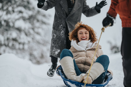 Young woman enjoying a snowy day sledding with friends, highlighting fun and laughterの写真素材