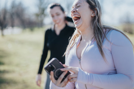 Two cheerful women spending time outdoors, smiling and enjoying a refreshing dayの写真素材