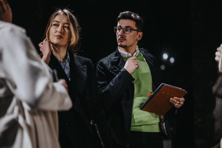A group of people discussing art at a museum during an engaging evening visit.