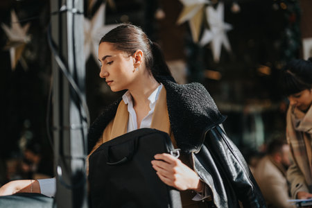 Confident businesswoman outdoors during daytime at a festive urban settingの写真素材