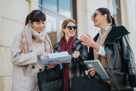 Group of businesswomen having an outdoor discussion on a sunny day