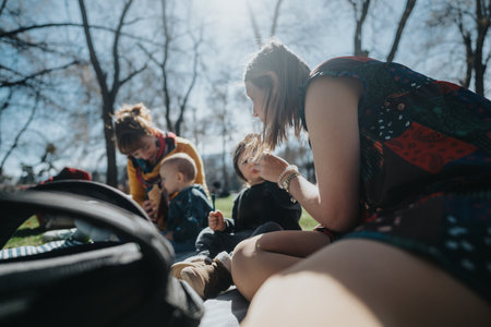 Group of women and children enjoying a picnic outdoors under sunlightの写真素材