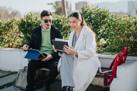 Young people collaborating outdoors with digital devices and planning materials