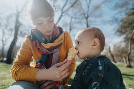 Mother and child bonding during a sunny park outing with shared moments