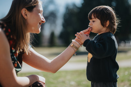 Mother lovingly offers flower to young boy during outdoor park visitの写真素材