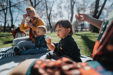 Family enjoying a sunny picnic in the park with children sharing treatsの写真素材