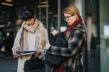 Two Businesswomen Collaborating Outdoors in a Professional Settingの写真素材