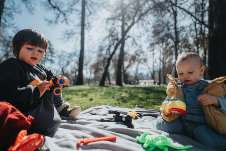 Two young children playing together outdoors in a park on a sunny dayの写真素材
