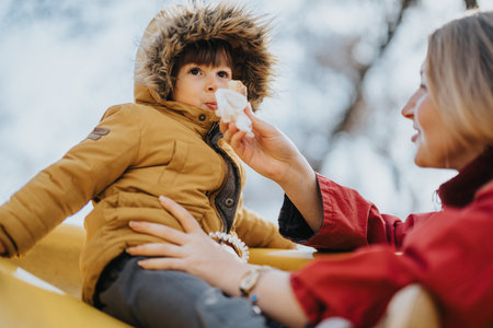 Mother caring for her child with tissue outdoors in winter clothing during a pleasant dayの写真素材