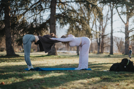 Two women practicing partnered yoga stretching outdoors on a sunny day, surrounded by trees and a...