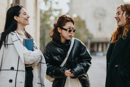 Three fashionably dressed young women laughing together outdoorsの写真素材
