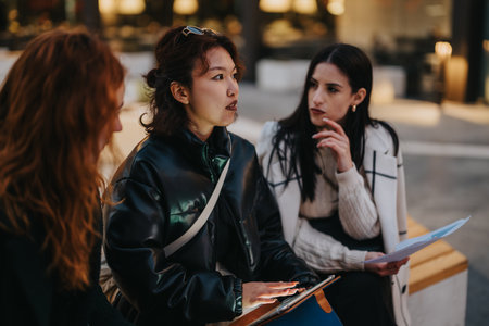 Group of women discussing work documents in a casual urban setting