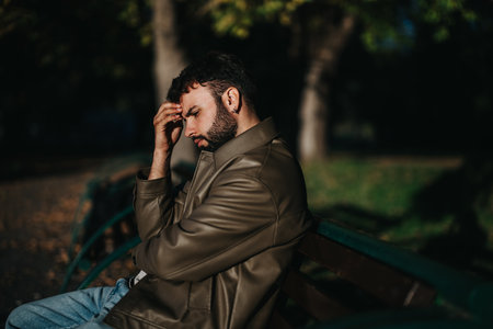 Man deep in thought sitting on a bench in a parkの写真素材