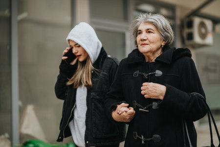 Elderly woman walking outdoors accompanied by a young girl in casual clothingの写真素材