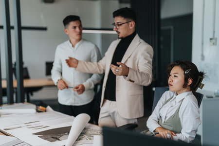 A diverse group of business people collaborates in an office setting, focusing on project documents.