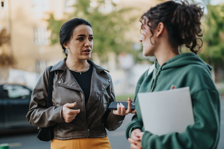 Two women having an animated discussion outdoors in a casual settingの写真素材