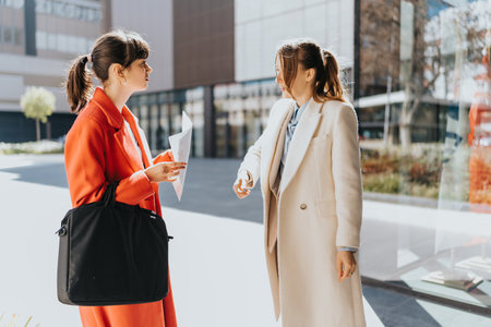 Two businesswomen collaborating outdoors in a sunny urban settingの写真素材