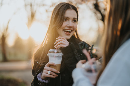 Two young girls enjoying iced beverages in a sunny park during golden hour