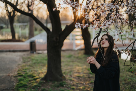 Young girl admiring blooming cherry blossoms during a serene spring sunset in a parkの写真素材