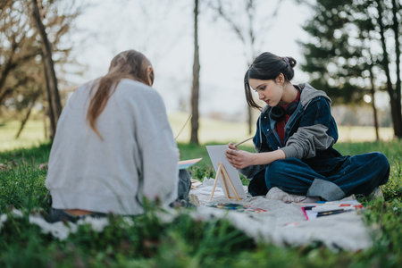 Two friends enjoying art together outdoors on a sunny day in a peaceful park settingの写真素材