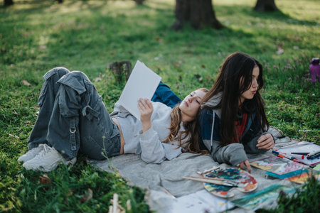 Two teenagers relaxing outdoors with art supplies creating a serene atmosphereの写真素材