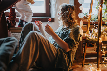 Family spending quality time together in a cozy and warmly lit home settingの写真素材