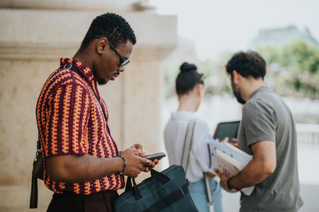Young professional checking smart phone in urban setting with colleagues in the backgroundの写真素材