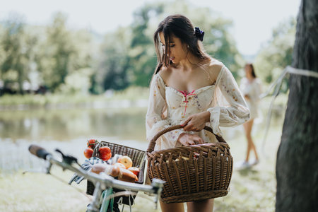 Young girl in a floral dress with a bicycle and basket at a sunny park