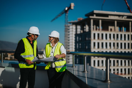 Architects discussing blueprints at a construction siteの写真素材