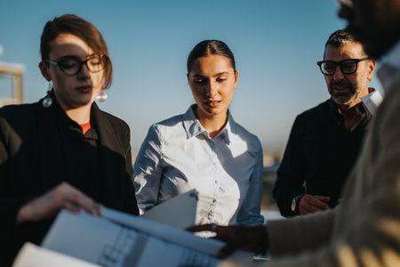 Multiracial business team collaborating on balcony at sunset